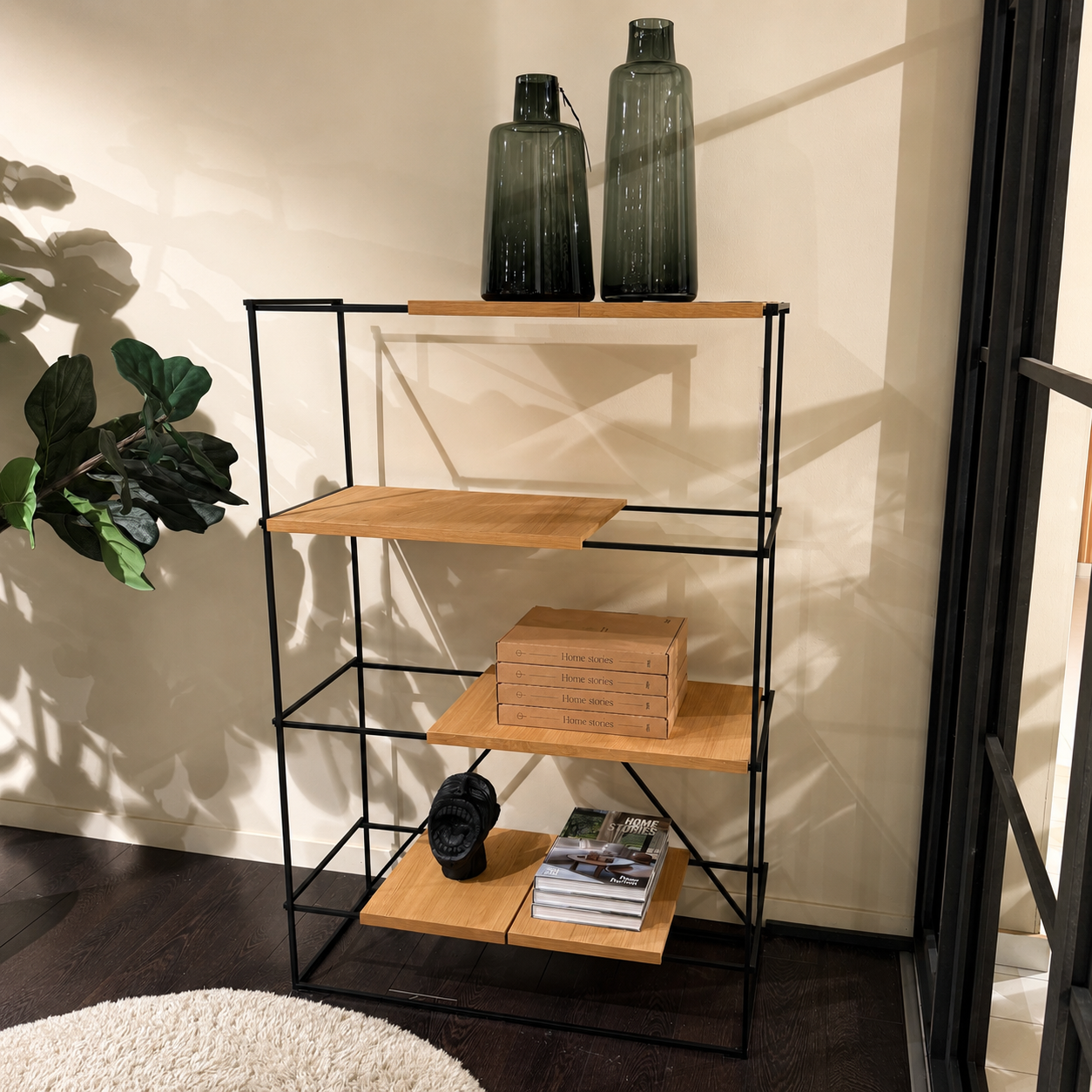 Passe Partout Jukebox roomdivider in eiken fineer en zwart metaal – schuin vooraanzicht – toonzaalmodel Sint-Gillis-Waas – Verberckmoes
