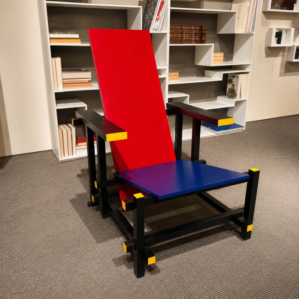 Cassina Red and Blue 635 fauteuil van Gerrit Rietveld met rood gelakte rugleuning, blauwe zitting en zwart frame – driekwart vooraanzicht – toonzaalmodel Sint-Gillis-Waas – Verberckmoes