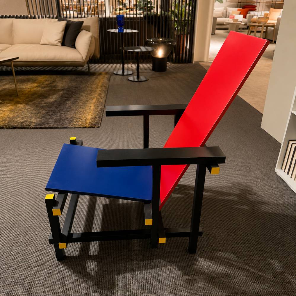 Zijaanzicht van de Cassina Red and Blue 635 fauteuil met iconische geometrische vormgeving – toonzaalmodel Sint-Gillis-Waas – Verberckmoes