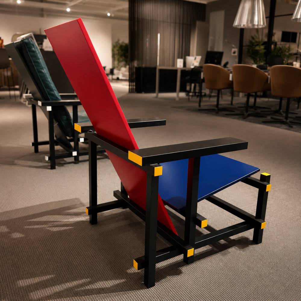 Cassina Red and Blue designfauteuil met rood gelakte rug en blauwe zitting – driekwart achteraanzicht – toonzaalmodel Sint-Gillis-Waas – Verberckmoes