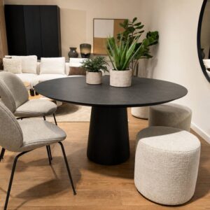 TABLES TO LOVE Crest ronde eettafel Ø150 cm met keramisch blad Calatorao en ebony eiken poot – toonzaalmodel Sint-Gillis-Waas – Verberckmoes