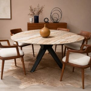 DRAENERT Trilope 1540 eetkamertafel met afgerond driehoekig blad in Fantasy Brown natuursteen en dark grey eiken onderstel – toonzaalmodel Sint-Gillis-Waas – Verberckmoes
