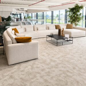 Passe Partout Pommeline hoekbank in Combi Grain Egg Shell 2105 met Banana 3-zit en elegante ronde belijning