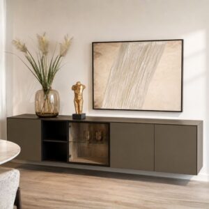 Joli Cube 55 hangdressoir van 250 cm in Old Oak melamine en Bronze met glazen vitrinedeur en LED-verlichting – toonzaalmodel Sint-Gillis-Waas – Verberckmoes