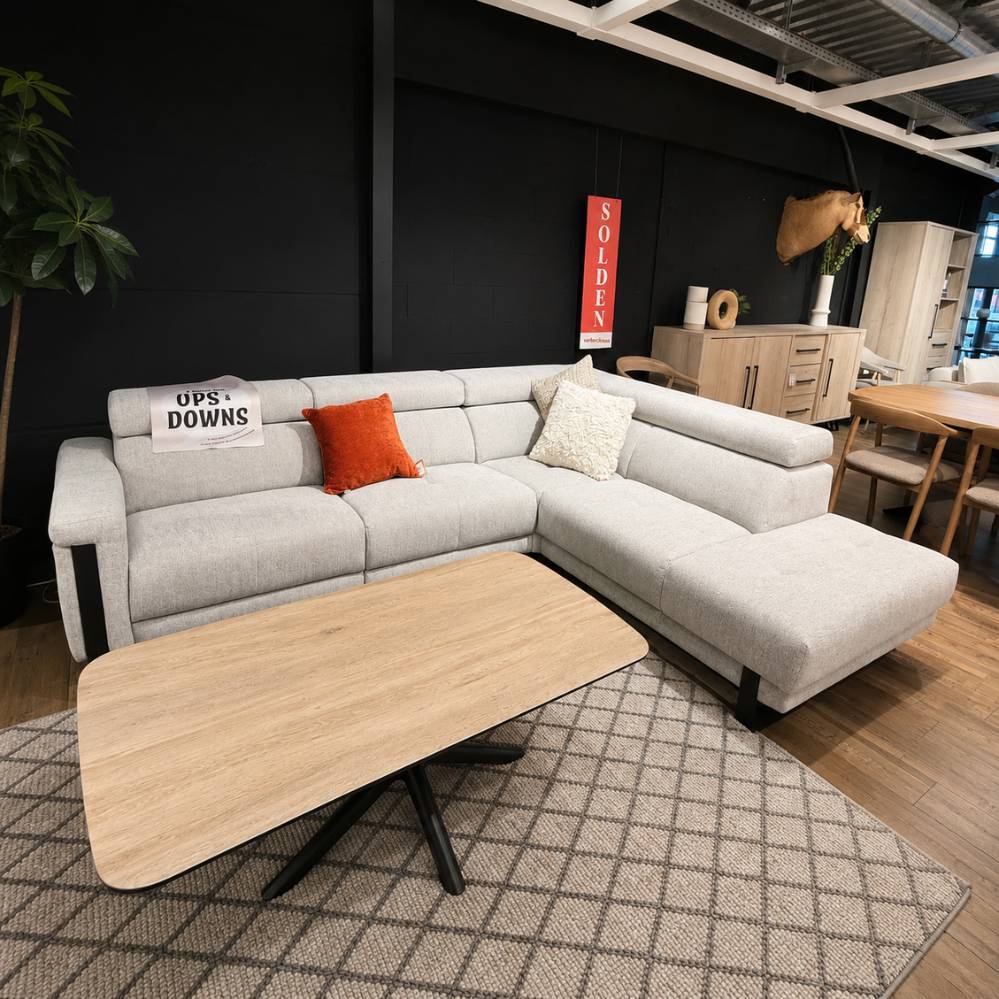 Lichtgrijs Stella Jaime hoeksalon met elektrische relaxfunctie – toonzaalmodel Sint-Gillis-Waas