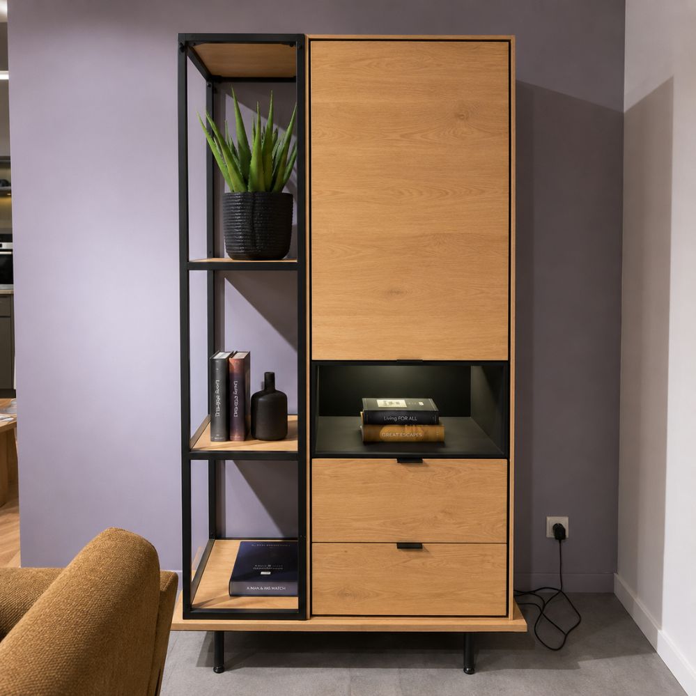 XOOON Elements wandkastopstelling in natural eikenfineer met boekenkast, bergkast en platform – toonzaalmodel Sint-Gillis-Waas