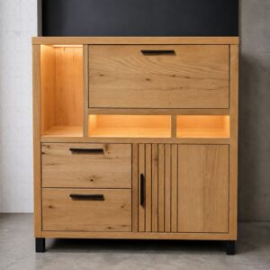 Henders & Hazel Pavie highboard in naturel eikenfineer met LED-verlichting als toonzaalmodel bij Meubelen Verberckmoes Sint-Gillis-Waas